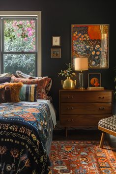 a bed room with a neatly made bed next to a window and a rug on the floor