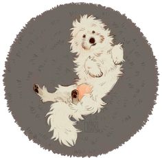 a drawing of a white dog playing with a tennis ball on its back paws in the air