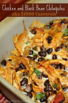 chicken and black bean enchiladas in a casserole dish with text overlay