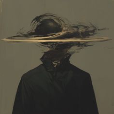 a man with a hat on his head is reflected in the water while wearing a black coat