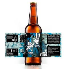 a bottle of beer with an image of peter rabbit on the front and back side