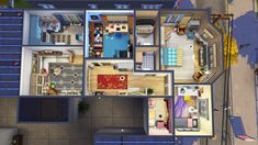 an aerial view of a house with the living room and bedroom in one floor plan