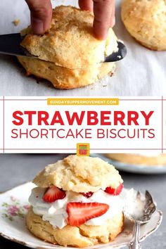 strawberry shortcake with cream cheese frosting and strawberries in the middle on a white plate