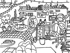 a black and white drawing of people in a kitchen with food on the counter top