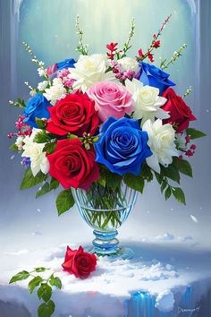 a painting of red, white and blue flowers in a vase