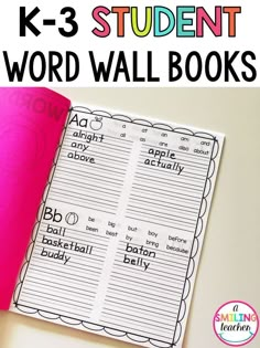 the k - 3 student word wall book is open to show it's contents