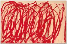 an abstract painting with red lines on it