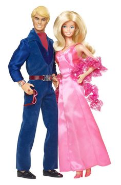 two barbie dolls standing next to each other in front of a white background with the words barbie