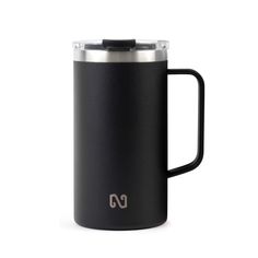 a black coffee mug with the lid open and a handle on it's side