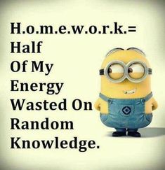 a minion with the words homework work = half of my energy wasted on random knowledge