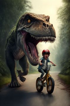 a young boy riding a bike next to a dinosaur