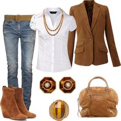 "Pretty in Suede" by lisamoran on Polyvore Brown Suede Blazer, Blue Distressed Jeans, Suede Blazer, Casual Fall, Brown Suede, Distressed Jeans