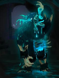 an animated monster with glowing blue eyes and black fur, standing in the dark water