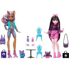 two dolls are standing next to each other in front of a table with chairs and purses