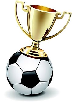 a soccer ball sitting on top of a golden and black trophy cup with a gold rim