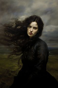 a painting of a woman with long hair in black dress and clouds above her head