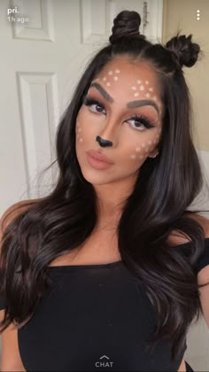 Diy Deer Halloween Costumes For Women, Deer Hairstyles Halloween, Moose Makeup Halloween, Reindeer Makeup Simple Kids, Fawn Halloween Makeup, Homemade Deer Costume Women, Deer Costume Makeup Simple, Deer Nose Makeup, Womens Reindeer Costume