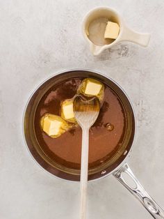 melting butter and chocolate in a saucepan with a wooden spoon