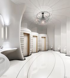 an artistic bathroom with white walls and floors