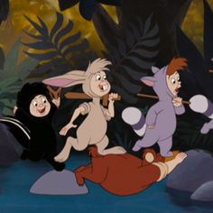 several cartoon characters are playing in the jungle