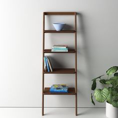 a tall wooden shelf with books on it next to a potted plant and a white wall