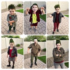 four pictures of a young boy with different facial expressions and hair styles, standing in front of a brick wall