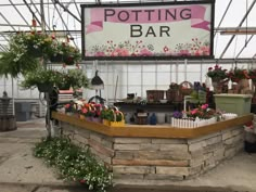 potting bar with flowers and plants in the background