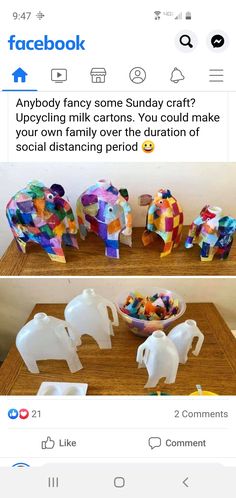 two pictures of elephants made out of paper and some other items on top of a table