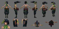 some character designs for an upcoming game, including female avatars and male body parts