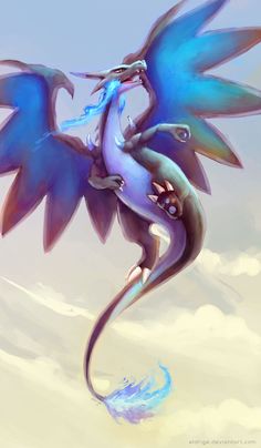 a blue and purple dragon flying through the sky