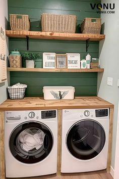 a washer and dryer in a small room with shelves above the washer