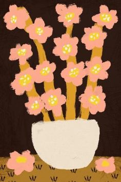 a painting of pink flowers in a white vase on a brown tablecloth with black background