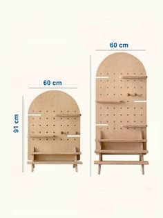 the measurements for a bench and shelf are shown in two different sizes, including one with an arched top