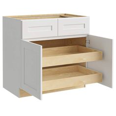 a white cabinet with two drawers and one door open to reveal the bottom drawer space