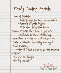 a paper with writing on it that has been written in english and spanish, along with the words family meeting agenda