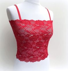 Red see through elastic lace tank top camisole by MissLaceAccessories on Etsy Red Lace Tank Top, Red Lace Bralette, Red Lace Lingerie, Floral Lace Tank Top, Lace Tube Top, Red Lace Top, Low Cut Dresses, Lace Bandeau, Lace Bustier