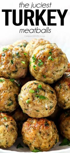 the best turkey meatballs recipe on a white plate with parsley sprinkled on top