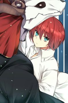 two anime characters with red hair and blue eyes, one is holding the other's head