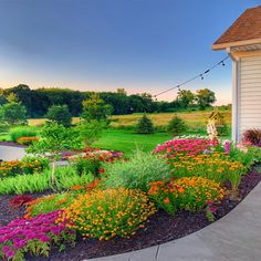 a flower garden in front of a house with lots of colorful flowers and greenery