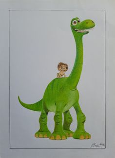 a child riding on the back of a green dinosaur in front of a white background