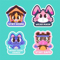 four stickers that say stay home, wash your hands, and wear face masks