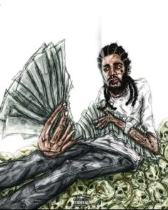 a drawing of a man with dreadlocks sitting on the ground holding an umbrella