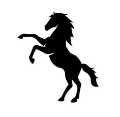 a black and white silhouette of a horse on its hind legs, with the tail extended