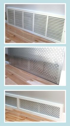 three different views of the air conditioner and heat register in an empty room with wood flooring