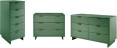 three green dressers with brass handles and drawers