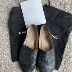 Pre-Loved Chanel Espadrille Flats In Lambskin. These Have Be Re-Soled By The Chanel Boutique In Nj. Price Is Negotiable Based On Used Condition. I Do Not Have The Box, But I Do Have The Dustbags. Free Shipping. Comes From A Pet Free & Smoke Free Home. Designer Leather Espadrilles With Flat Heel, Chic Espadrilles For Work, Designer Leather Espadrilles With Textured Sole, Black Espadrilles With Leather Sole And Flat Heel, Designer Black Espadrilles For Spring, Luxury Black Espadrilles For Spring, Black Designer Espadrilles For Spring, Classic Slip-on Espadrilles, Black Flat Espadrilles With Leather Sole