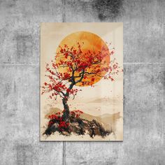 a painting on a wall with a tree in the foreground and an orange sun behind it