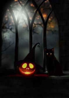 a cat sitting in front of a pumpkin with glowing eyes and a jack - o'- lantern