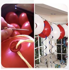 red and white balloons are hanging from the ceiling next to a person holding a pair of scissors