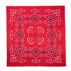 a red bandanna with black and white designs on it, in the shape of a square